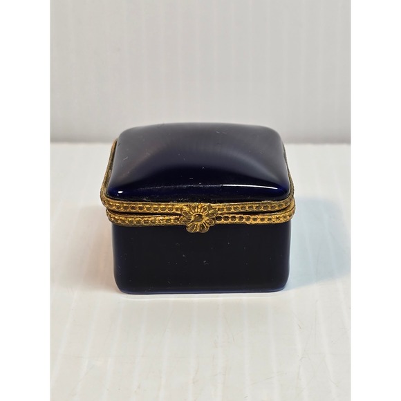 Limoges France Tiffany Cobalt‎ Blue Porcelain Hinged Trinket Box Jewelry Storage